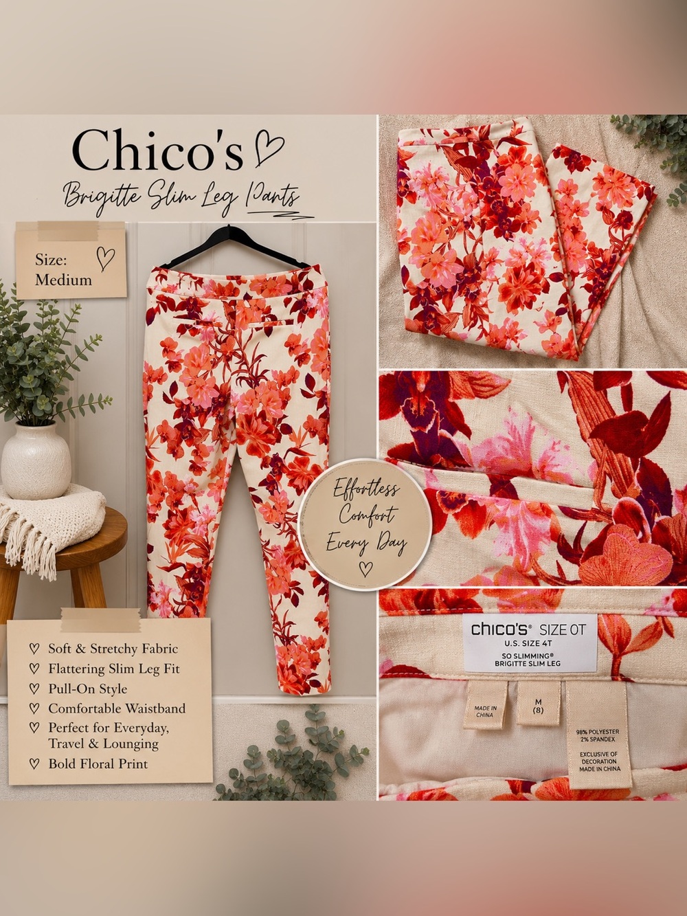 NWT Chico’s So Slimming Brigitte Slim Leg Floral Ankle Pants Size 0T US 4 Tall